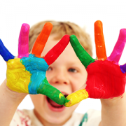 Kid with colored paint on hands