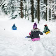 Children sledding in winter forest