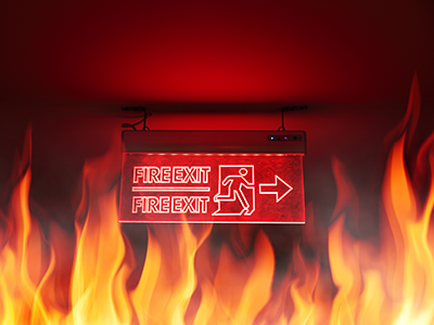 Fire exit sign with flames