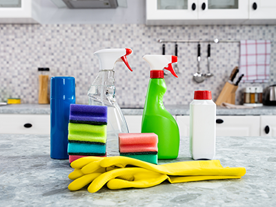 cleaning products on kitchen counter