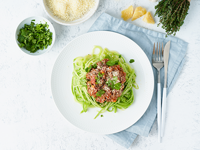 pasta Bolognese with mincemeat and zucchini noodles