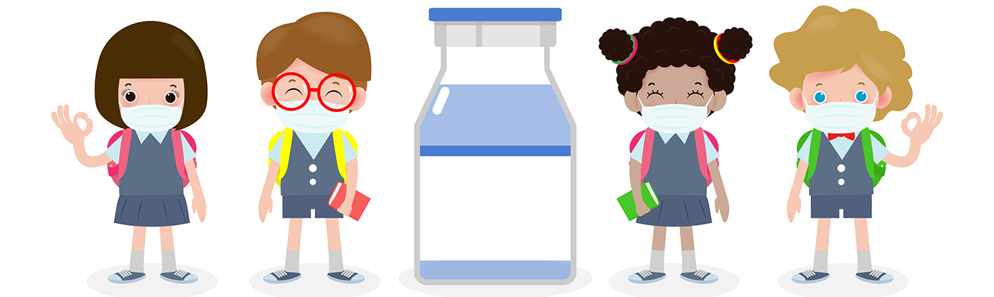 school children with vaccine bottle