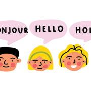 drawing of bilingual kids saying hello