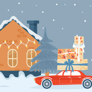 illustration of car with presents in snow