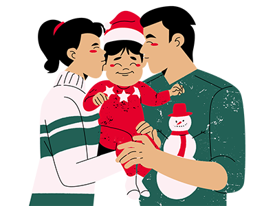 illustration of parents kissing a baby
