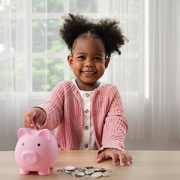 girl putting money into piggy bank